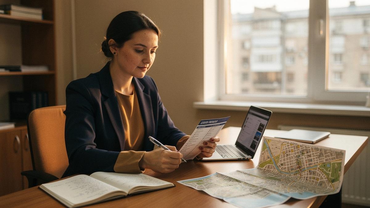 Trip planner reviewing a small-group European itinerary at a desk in Kyiv