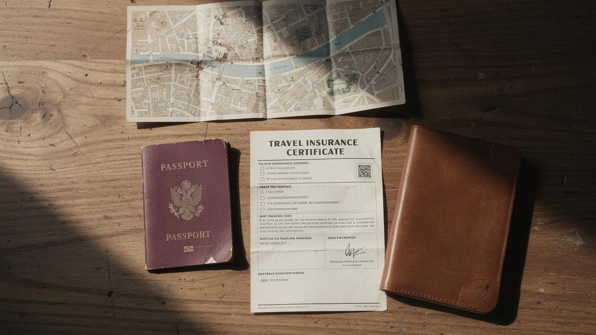 Passport, insurance certificate and a city map laid out on a desk