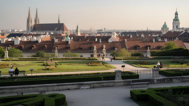 Schonbrunn Palace gardens in Vienna with city rooftops behind