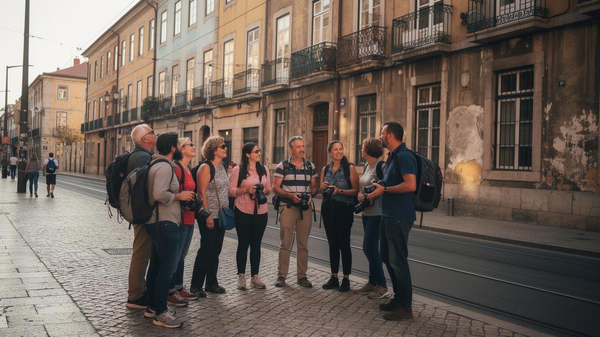 Small group of travellers following a guide along a cobbled street in an old European city centre