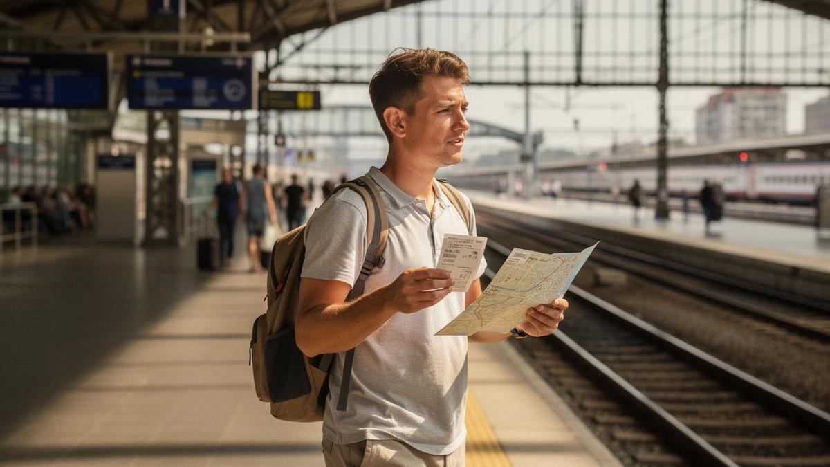 Traveller at a European railway station holding tickets and a city map