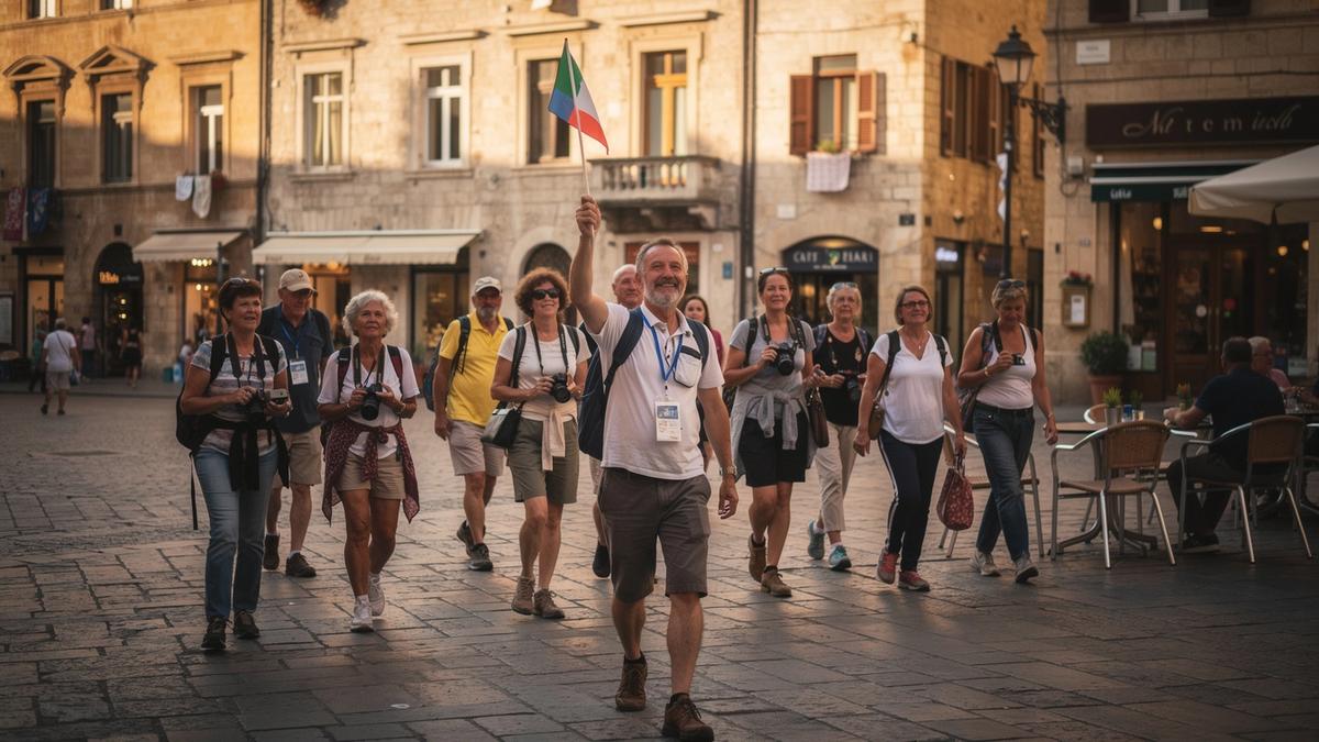 Guide leading a small group of travellers through a cobbled old-town square