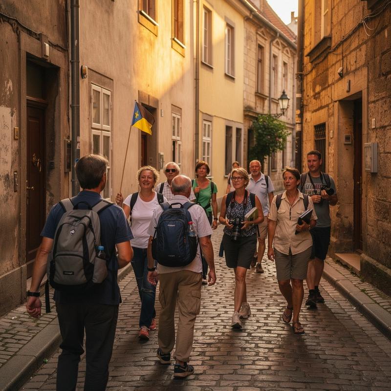 Small group of travellers walking a cobbled old-town lane with their tour leader