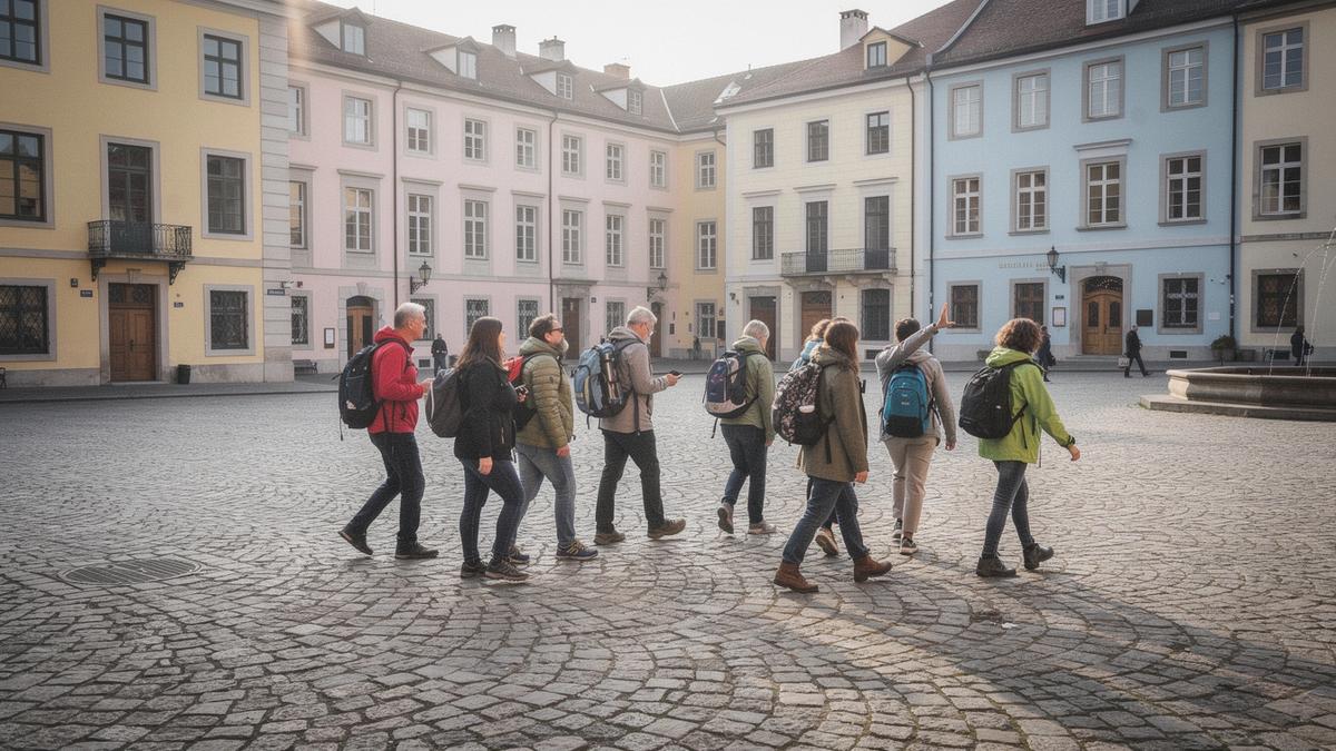 Small group of travellers following a local guide across a historic European old town square
