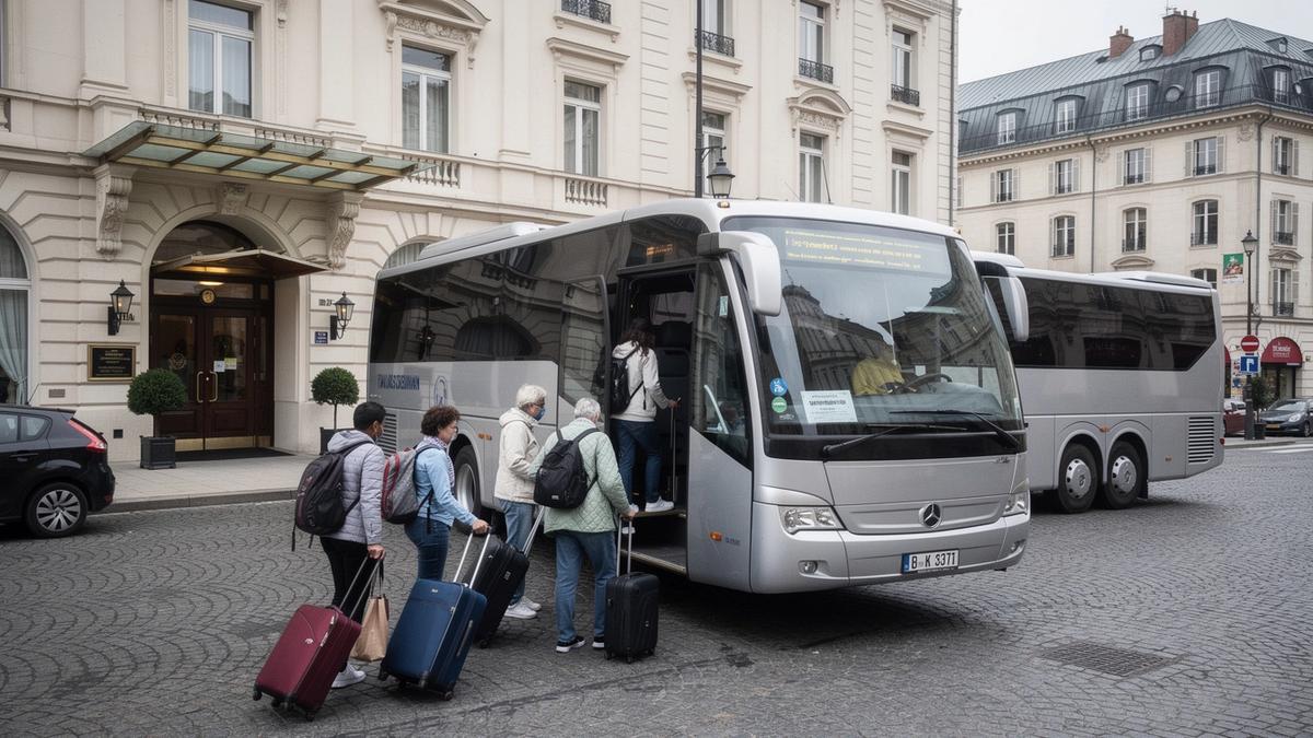 Travellers with suitcases boarding a tour coach outside a European hotel