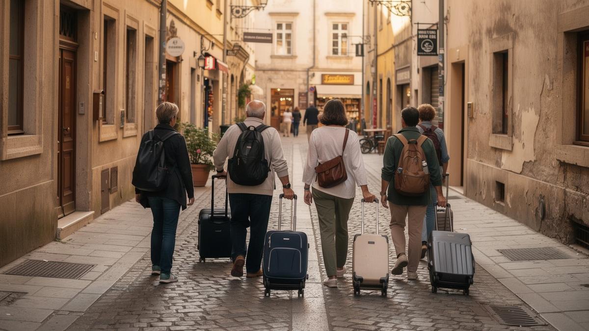 Small group of travellers walking a cobbled old town street in central Europe