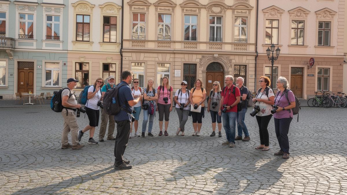 Group of fourteen travellers with a guide crossing a European old town square
